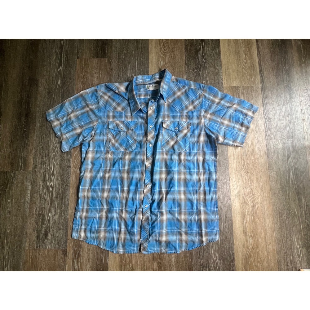 Haband Western Pearl Snap Shirt Mens XL Blue Brown Plaid Short Sleeve Workwear